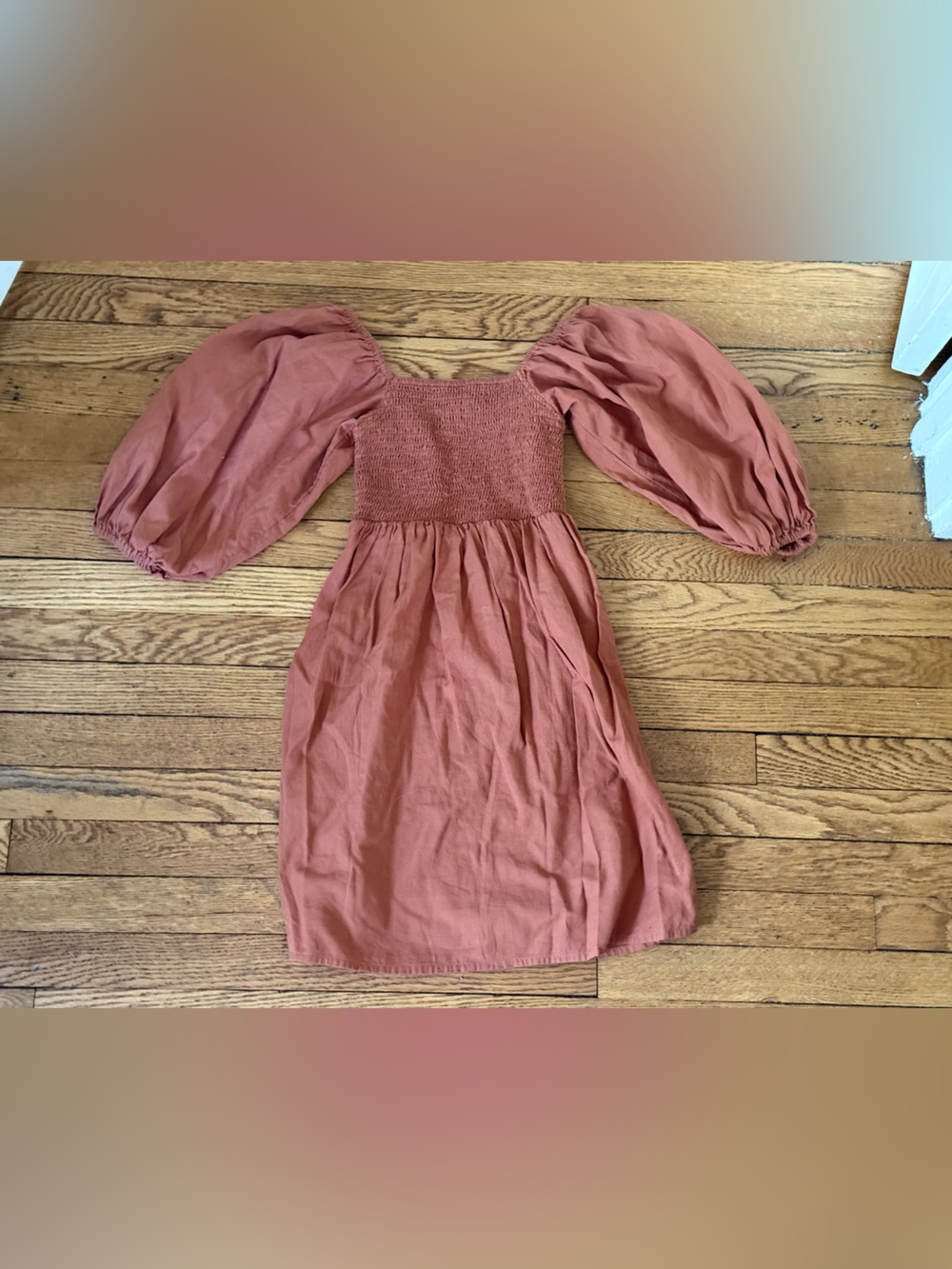 Billabong Rust Puff-Sleeve Smocked Mini Dress - Size XS